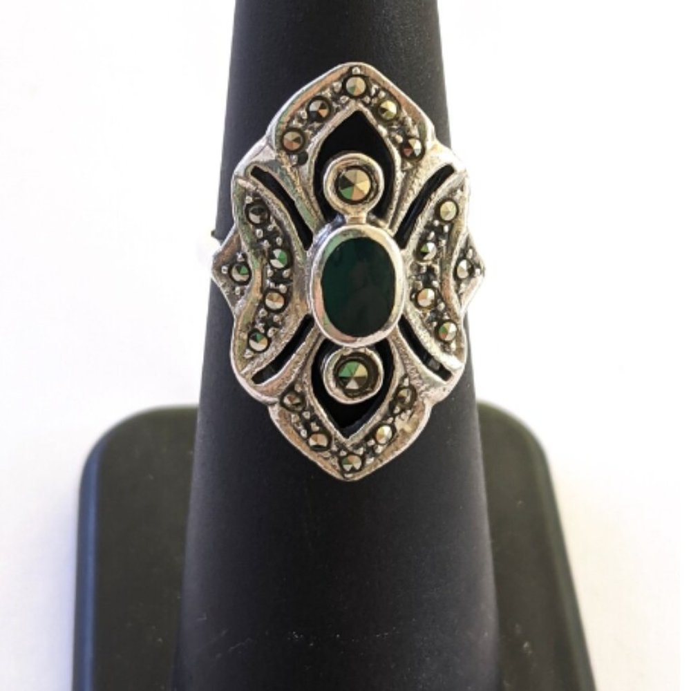 1970s vintage malachite & marcasite Art Deco revival ring, size 5.75, retro - Picture 4 of 9